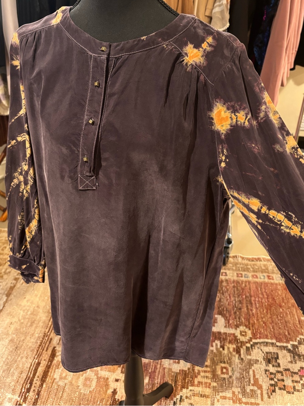 Gypsy 05 Dark Purple Silk Tunic with Yellow Tie-Dye Accents